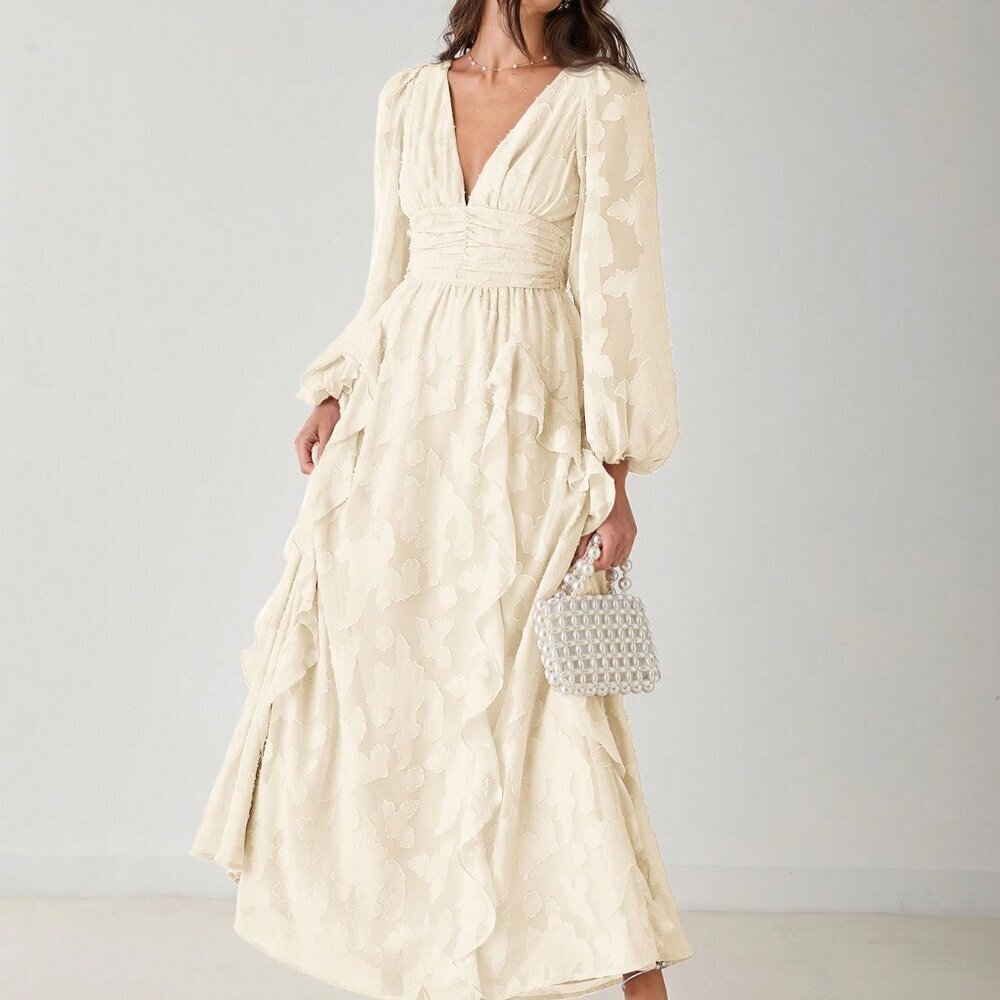 Apricot Elegant Women's Romantic V-Neck Ruffle Long Sleeve Maxi Dress - Picture 5 of 8